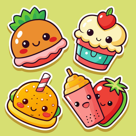 Cute Kawaii Fast Food Stickers Set. Vector Illustrationのイラスト素材