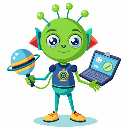 Cute green robot with a laptop. Vector illustration in a flat style.