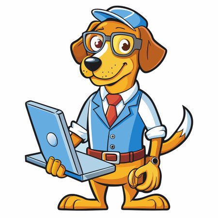 Illustration of a cartoon dog with a laptop on a white backgroundのイラスト素材