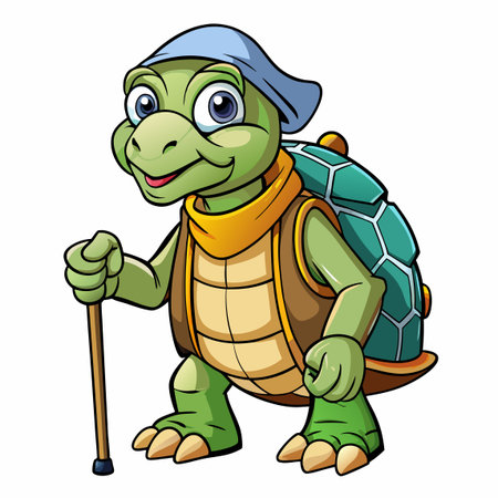 Cartoon turtle with walking stick. Vector illustration isolated on white background.