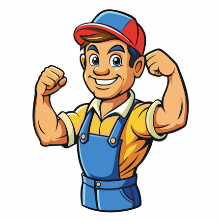 Cartoon illustration of a mechanic showing his muscles. Vector clip art.のイラスト素材