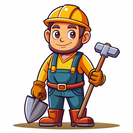 Cartoon character of a builder with a shovel. Vector illustration.のイラスト素材