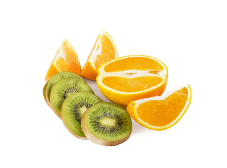 ripe kiwi and orange isolated on white backgroundの写真素材