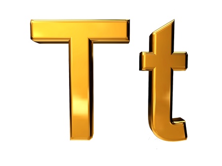 Gold letter T upper case and lower case isolated on white backgroundの写真素材