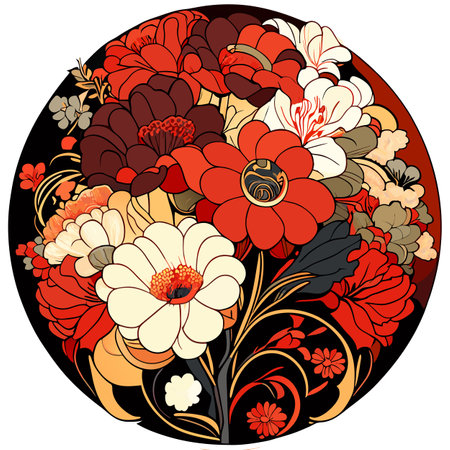 Art Nouveau floral arrangement with red and beige flowers on white backgroundのイラスト素材