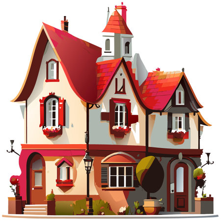 Vector art with cute colored house in cartoon style. Adorable drawings for greeting cards, prints, textiles, and artistic creations.のイラスト素材