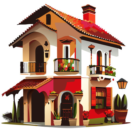 Vector art with cute colored house in cartoon style. Adorable drawings for greeting cards, prints, textiles, and artistic creations.のイラスト素材
