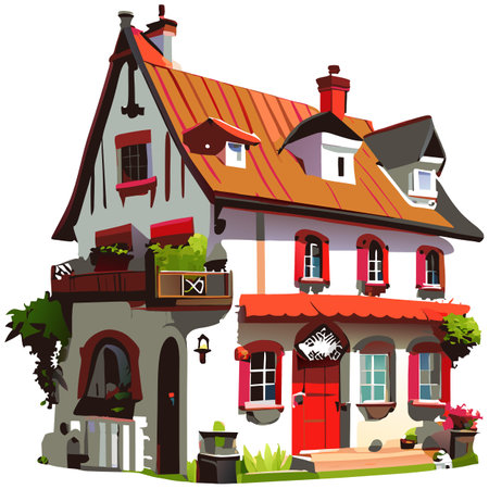 Vector art with cute colored house in cartoon style. Adorable drawings for greeting cards, prints, textiles, and artistic creations.のイラスト素材