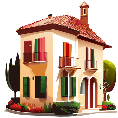 Vector art with cute colored house in cartoon style. Adorable drawings for greeting cards, prints, textiles, and artistic creations.のイラスト素材