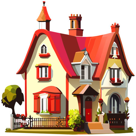 Vector art with cute colored house in cartoon style. Adorable drawings for greeting cards, prints, textiles, and artistic creations.のイラスト素材