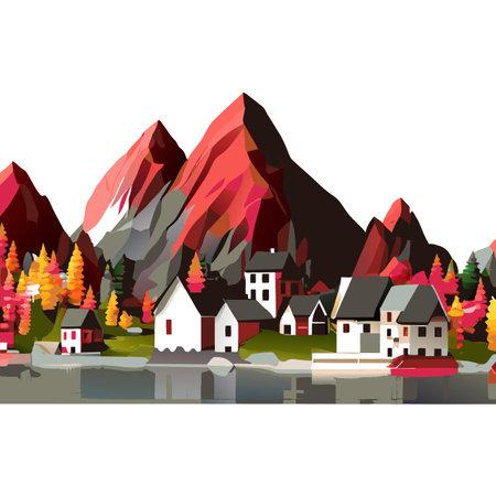 Alpine village by the lakeのイラスト素材