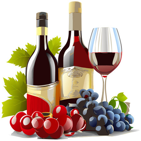 Two bottles of wine and a wineglass with grapesのイラスト素材