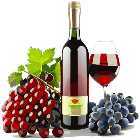 A bottle of wine and a wineglass with grapesのイラスト素材