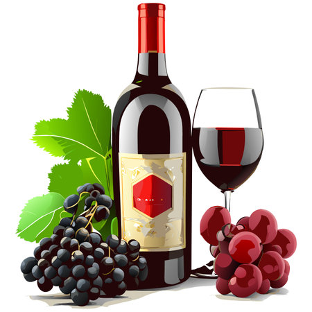 A bottle of wine and a wineglass with grapesのイラスト素材