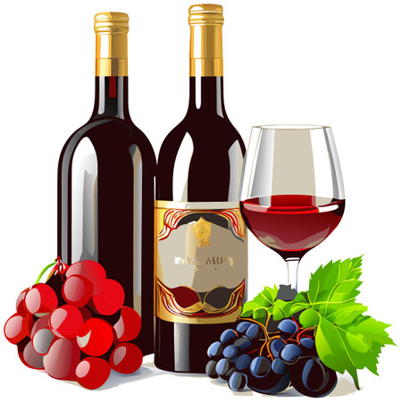 Two bottles of wine and a wineglass with grapesのイラスト素材