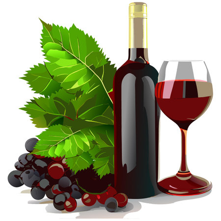 A bottle of wine and a wineglass with grapesのイラスト素材