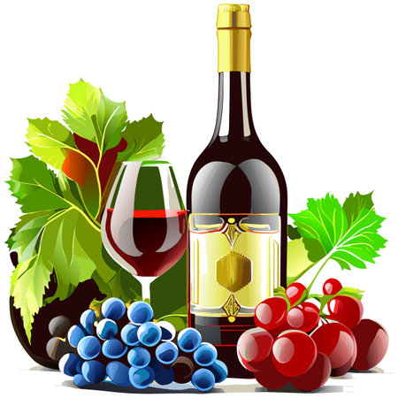 A bottle of wine and a wineglass with grapesのイラスト素材