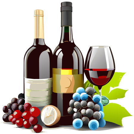 Two bottles of wine and a wineglass with grapesのイラスト素材