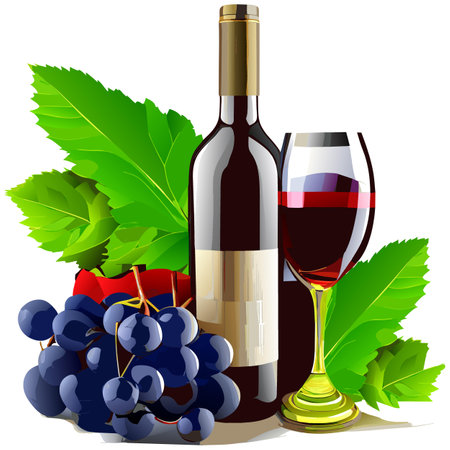 A bottle of wine and a wineglass with grapesのイラスト素材