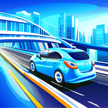 Blue car on the highway with a panorama of the cityのイラスト素材