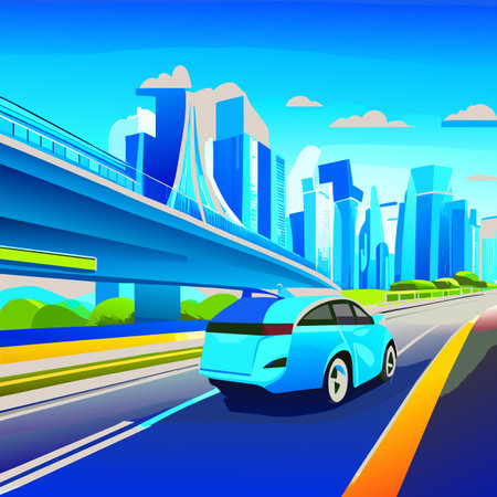 Blue car on the highway with a panorama of the cityのイラスト素材