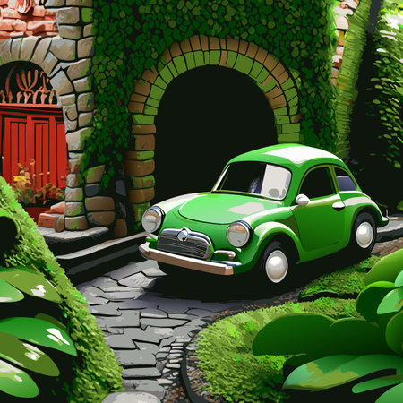 Green car in cartoon style on a cobblestone streetのイラスト素材