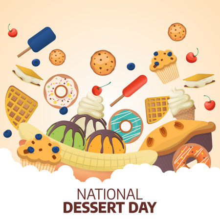 Flyers promoting National Dessert Day or associated events may be made using vector pictures concerning the holiday. design of a flyer, a celebration.のイラスト素材
