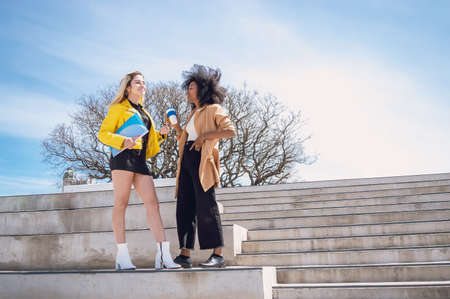 two beautiful young hispanic latina girls of different ethnicites, blonde and black with afro, college students discussing standing on a large concrete staircase on a sunny day, college conceivedの写真素材