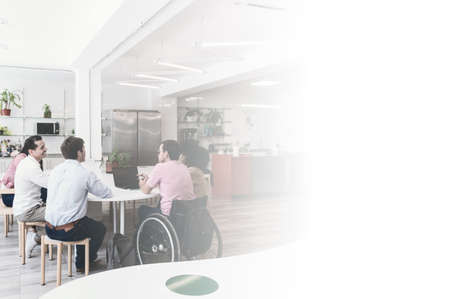 double exposure of a group of business people meeting in a room with a white background to the right and copy space.の写真素材