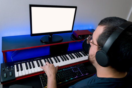 side top view young caucasian man with beard, headphones and glasses making musical arrangements...