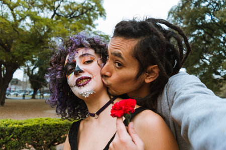Latino young man takes a selfie and kisses his girlfriend who has La Calavera Catrina makeup, standing outdoors, enjoying the day off.の写真素材