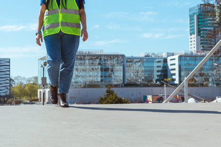 front view woman in safety vest and blue clothes, unrecognizable from the waist down, alone walking in the city with commercial buildings in the background, copy spaceの写真素材