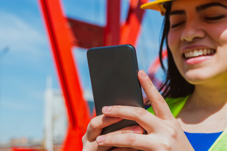 closeup of young female engineer, wearing safety helmet and vest, smiling is outdoors using the phone, focus on the phone.の写真素材