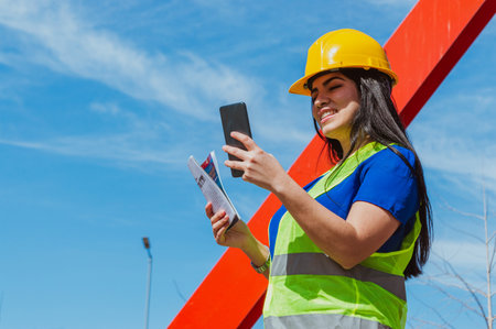 Caucasian young Latina engineer woman, worker in a construction site is happy smiling and checking...