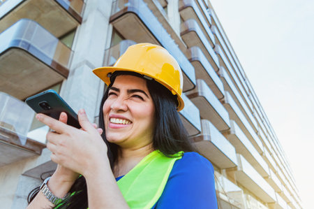 young caucasian female engineer, wearing safety helmet and vest, standing by a building smiling happy sending a voice note on her phone, copy space.の写真素材