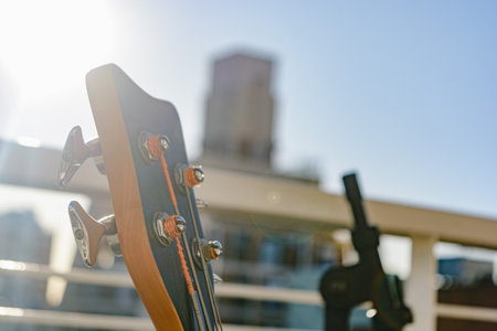 closeup of bass pegs, with the sky in the background and copy space, graphic resources for music and entertainment concept, music courses and music covers.の写真素材
