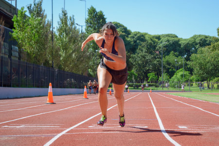 front view of young latin woman running on the race track with trees in the background and copy...