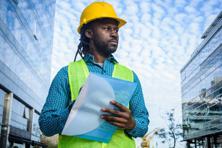 portrait of black man with beard and dreadlocks, architect in yellow safety helmet and vest,...