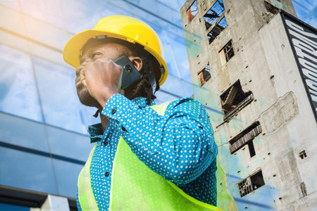double exposure of young civil engineer man of African ethnicity wearing yellow safety helmet, standing outdoors talking on phone with buildings in background and copy space.の写真素材