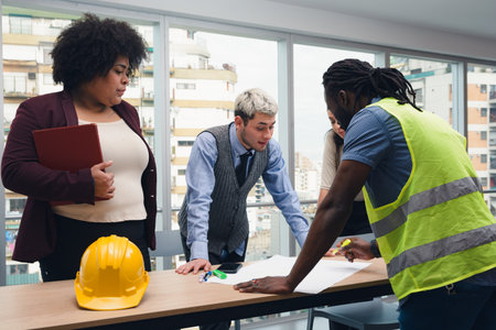 People gathered in board of directors, are reviewing construction plans with engineer, two Men and a...