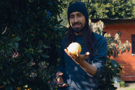 Happy adult Argentinian man with beard and long hair smiles and holds freshly picked orange, stands next to orange tree in home gardenの写真素材