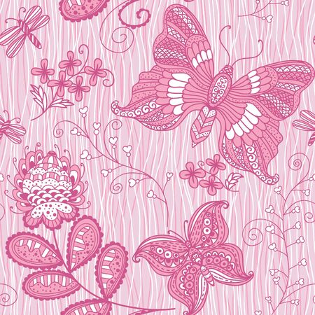 Pink seamless background with butterfliesのイラスト素材