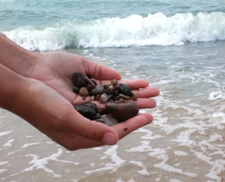 sea stones in handsの写真素材