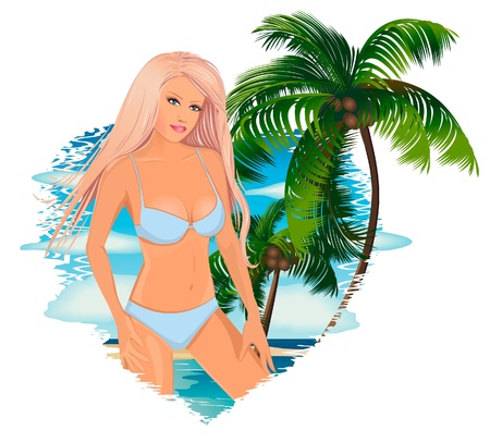 blonde in a bikini on the background of the oceanのイラスト素材