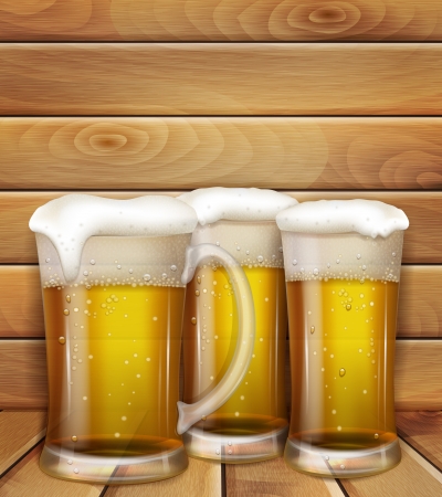 glasses of beer and a wooden backgroundのイラスト素材
