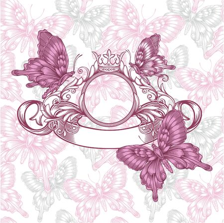 Vintage emblem with butterflies seamless pattern のイラスト素材
