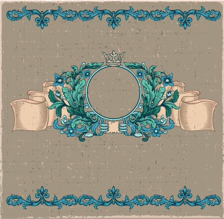 Floral cartouche. Hand drawn banner and ribbon vector illustration with texture added. のイラスト素材