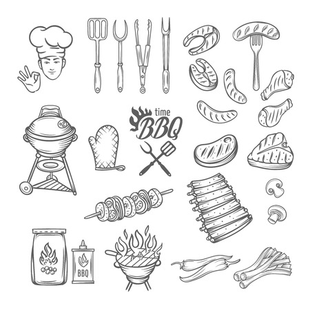 BBQ Feast Party Set,vintage engraving style, Isolated vector illustration, hand drawn elements.のイラスト素材
