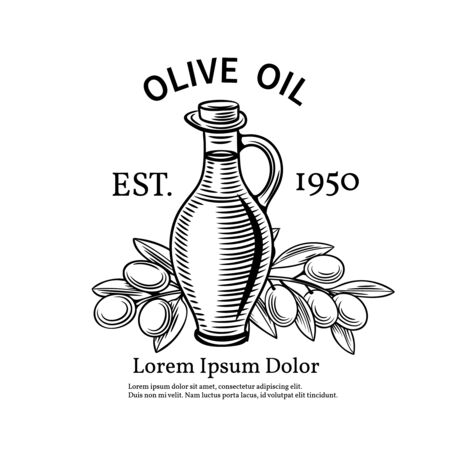 Decorative label with a bottle of oil and olives. Vector illustration.のイラスト素材