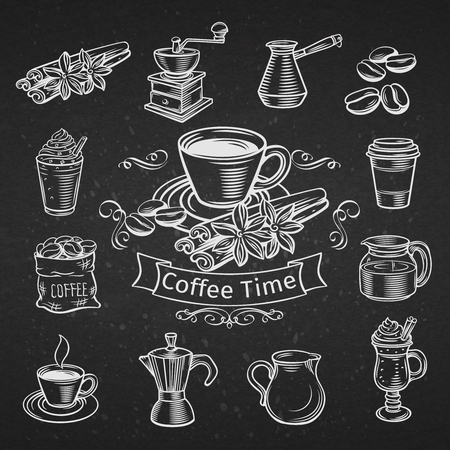 Set of hand drawn decorative coffee icons. Vector illustrationのイラスト素材